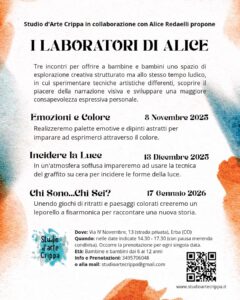 Un viaggio creativo tra disegno, luce ed emozioni per bambine e bambini ✨ Tre pomeriggi in atelier per sperimentare tecniche artistiche diverse, raccontare storie e scoprire la magia del colore in un ambiente accogliente e stimolante. Posti limitati – iscrizione obbligatoria! (Per info e prenotazioni chiamare al numero 3495706048)